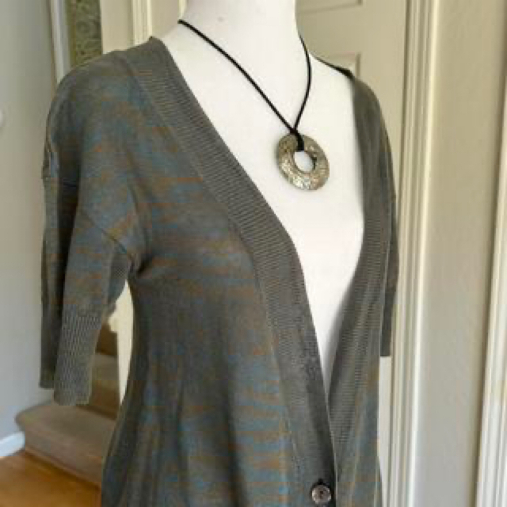 Free people green brown linen short sleeve cardigan
